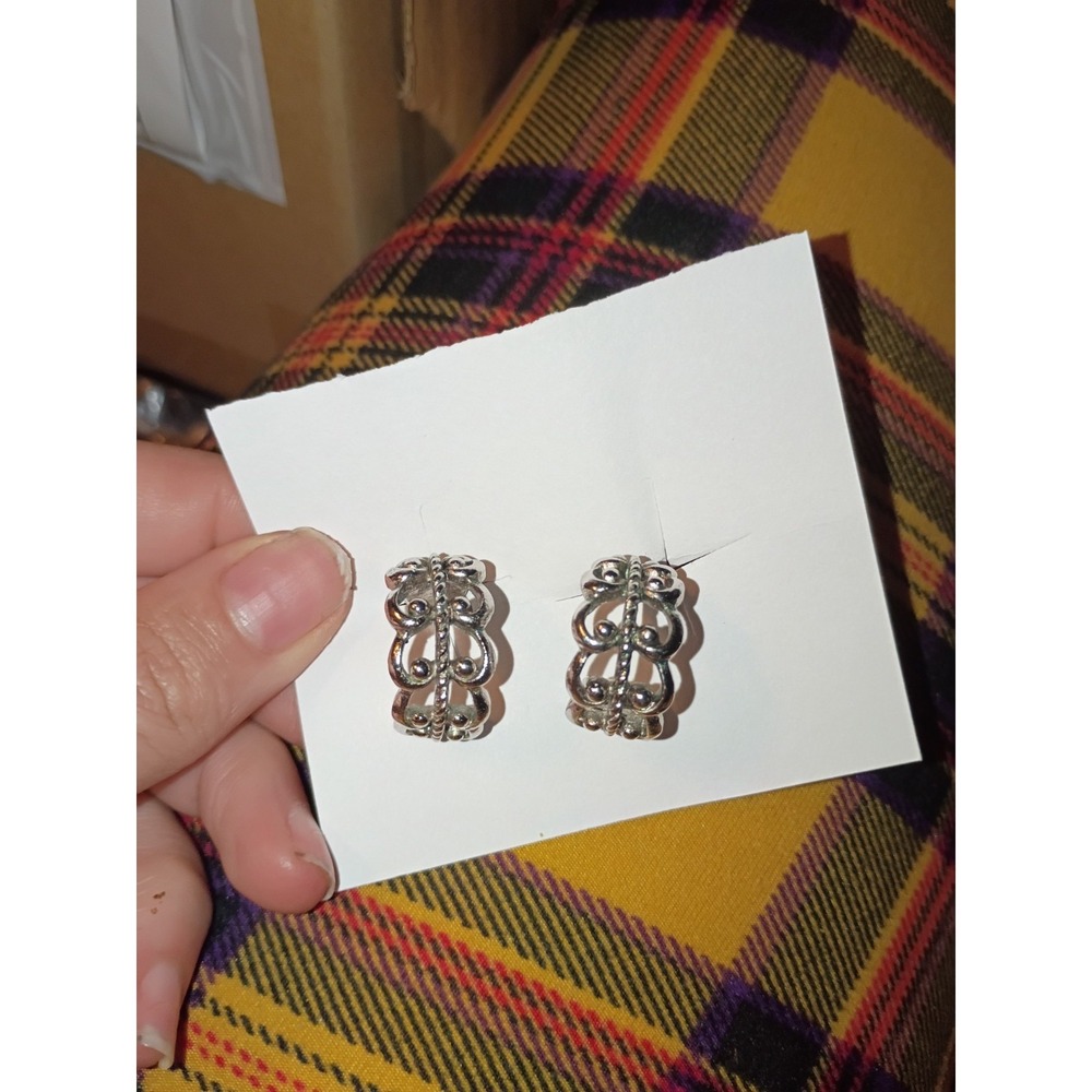 Vtg Earrings Signed Avon Silver Tone French Filigree Scroll Hoop Clip On MCM